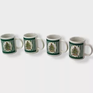 Spode Árbol de Navidad Tazas Rayas Verdes Lote 4 Café Té China 2001 - Imagen 1 de 13
