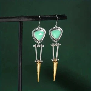 Vintage Long Turquoise Stone Drop Dangle Earrings 925 Silver Plated Boho Jewelry - Picture 1 of 4