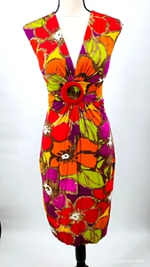 Vestido Cache Vintage Vibrante Colorido Rojo Floral Sin Mangas Hebilla Cintura Forrado 6 - Imagen 1 de 21