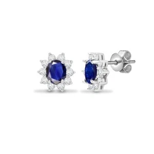 1.25 Carat Natural Round cut Diamond & Oval cut Sapphire Earrings 18k White Gold - Picture 1 of 4