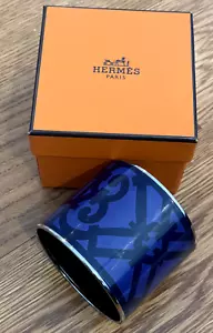 HERMES Extra Wide Enamel Blue Balcon du Guadalquivir Bangle Bracelet W/Box - Picture 1 of 7