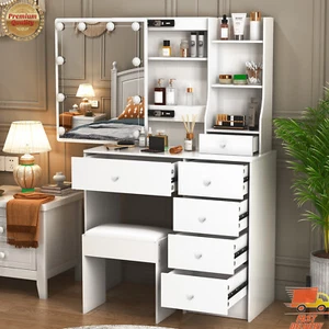 Dressing Table Makeup Vanity Desk Dresser with LED Lights Mirror Stool & Drawers - Picture 1 of 12