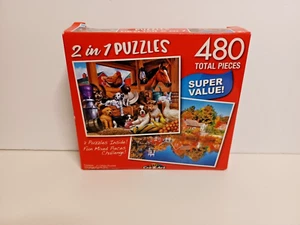 CRAZART 2 IN 1 Animals in Barn & Fall Town Scene JIGSAW PUZZLE 480 PIECES TOTAL - Picture 1 of 3