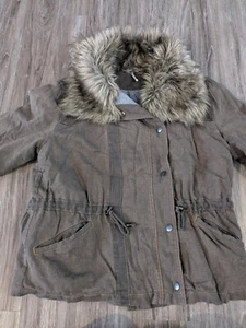 Free People Coat Women's Large Brown Button Up Faux Fur Collar Warm Lined Jacket - Picture 1 of 20