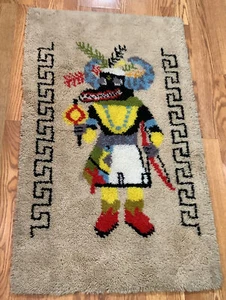 Kachina Native American Vtg 70s Framed Latch Hook Wall Hanging Rug 44 X 27 Inch - Picture 1 of 13