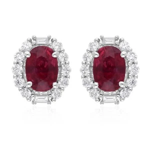 3.02 TCW Lab Grown CVD Diamond Ruby Gemstone Stud Earrings 18k White Solid Gold - Picture 1 of 7
