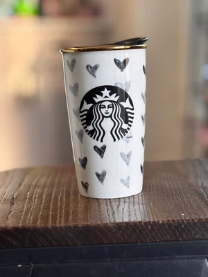 RARO VASO DE CERÁMICA DE VIAJE STARBUCKS CORAZONES NEGROS TAZA CAFÉ CON TAPA 2014 Foto 1 de 4