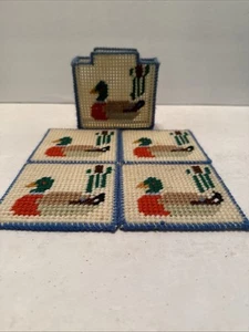 Vintage Handmade Duck Drink Coasters Needlepoint With Holder - Picture 1 of 6