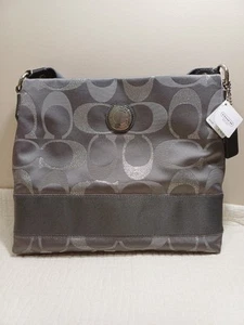 Coach Signature Csnvas Logo Crossbody File Bag F-20430 Gray Silver Adjast NewWT - Picture 1 of 24