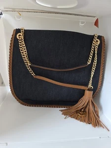 Michael Kors Chelsea Denim & Leather Whipstitch Large Shoulder Bag Womens - Picture 1 of 5