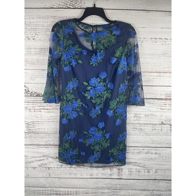 Vestido Chetta B Feminino 10 Azul Marinho Verde Floral Bordado Malha Sobreposição Bainha - Imagem 1 de 4