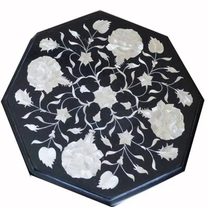 15" Octagonal black Marble Table with floral art – Handmade Geometric Art - Picture 1 of 10