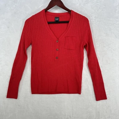GAP Sweater Womens Medium Red Ribbed Merino Wool Blend Henley V-Neck Slimming - Image 1 of 4