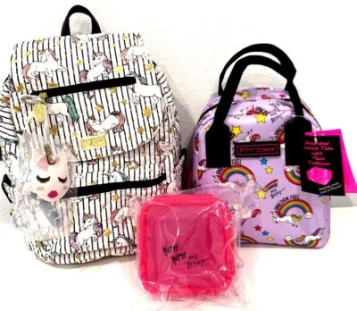 Luv Betsey Johnson Mochila Bolsa de Almuerzo Caja Set Unicornio Arco Iris Rosa Púrpura Multi Foto 1 de 4