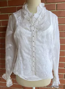 Talbots Petites Seidenbluse Damen 8P elfenbein Cottagecore Stickerei Prärie durchsichtig - Bild 1 von 13