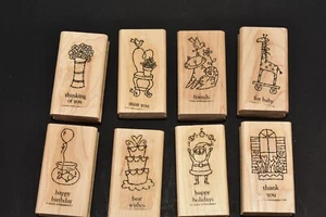 2003 " LITTLE HELLO'S " WOOD-MOUNTED RUBBER STAMP SET BY STAMPIN UP SET OF 8 - Picture 1 of 4