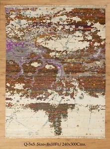 8x10ft Abstract Brown Wool Silk Washable Carpet Vintage Authentic Turkish Rug - Picture 1 of 10