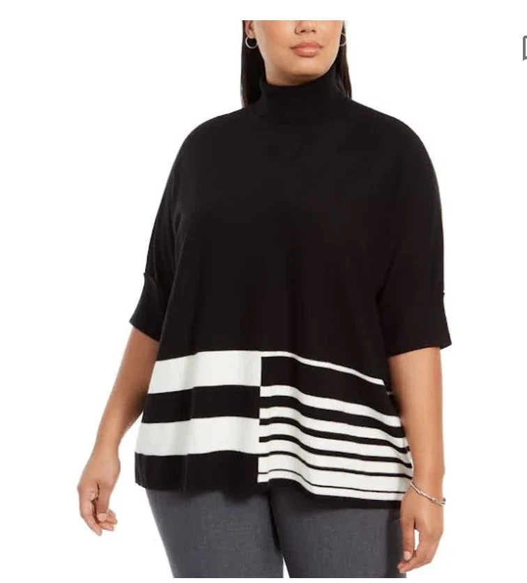 Alfani Womens Plus Colorblock Turtleneck Poncho Sweater Black 1x