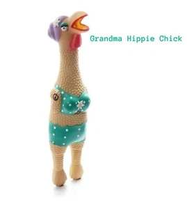 CHARMING PET RUBBER CHICKENS TOY SQUAWKER SQUEEKY LARGE GRANDMA HIPPIE CHICK - Picture 1 of 8