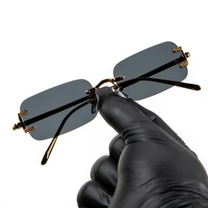 Gafas de sol cuadradas retro con marco dorado hip hop para hombre tinte negro rectangular sin montura - Imagen 1 de 5