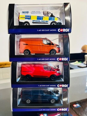 Corgi Ford Transit Custom Vans, 4 pack. Sport Vans x 2, Trail Red, Police Van - Image 1 of 4