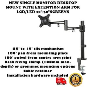 NEW SINGLE MONITOR DESKTOP MOUNT W/ EXTENTION ARM FOR LCD/LED 10"-30"SCREENS - Picture 1 of 1