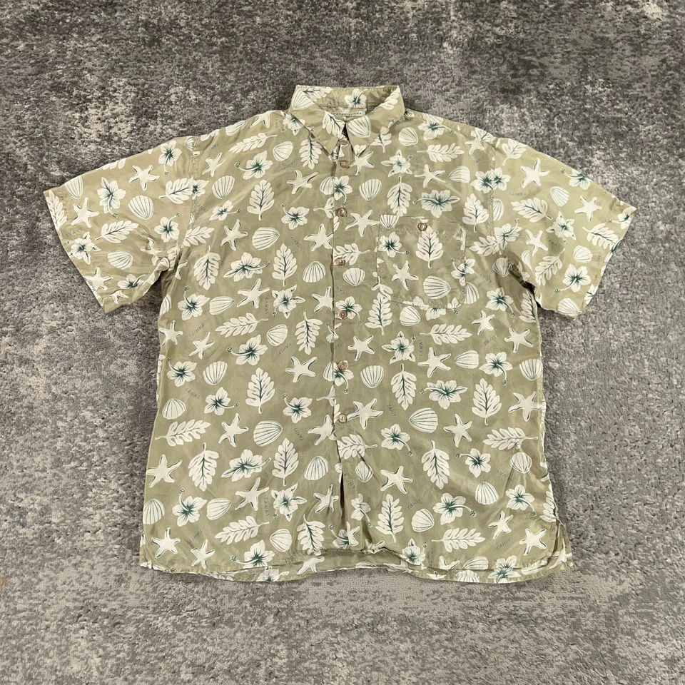 复古 Robert Stock 夏威夷衬衫男式 XL 米色丝绸花卉贝壳印花 90 年代 Aloha — 第 1/4 张图片