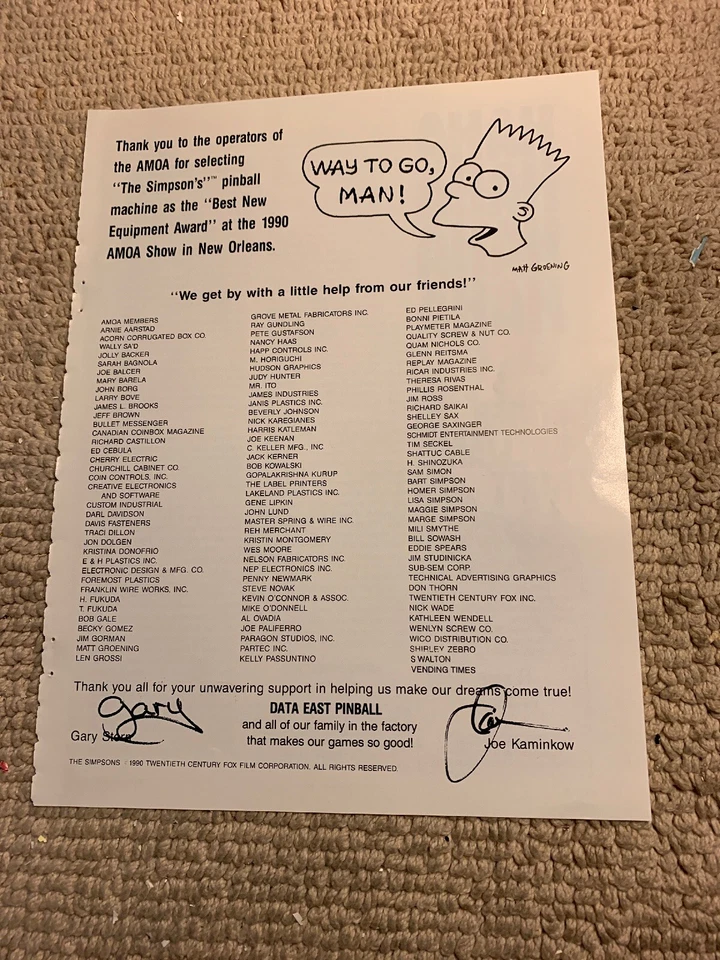 orginal 1990 ad 11-8 1/4” Simpsons Pinball Data East ARCADE GAME FLYER - Image 1 of 1