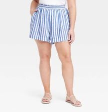 Ava & Viv Shorts Size 1X Plus Blue White Stripe Elastic Waist Linen Blend New