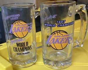 Vtg SET (2) 1987 & 1988 Los Angeles Lakers Back-To-Back NBA Champions Glass Mugs - Picture 1 of 6
