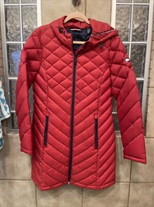 Tommy Hilfiger Damen Hooded Solid Zip Up Long Packable Jacke - Rot - Lg - Bild 1 von 4