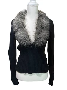 Garnet Hill schwarzer gerippter Pullover mit Reißverschluss und Kunstfellkragen XS - Bild 1 von 10