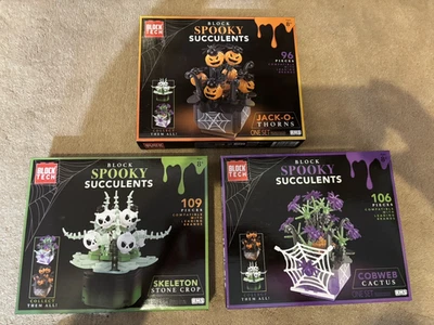 3 Block Spooky Succulents SKELETON STONE CROP & JACK-O-THORNS & COBWEB CACTUS - Image 1 of 2
