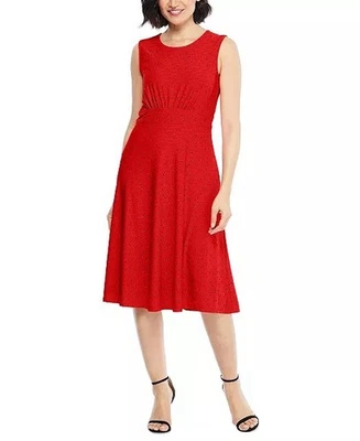 12 London Times Red Eyelet Jersey Midi Fit Flare Dress Lined Polyester Spandex - Image 1 of 4