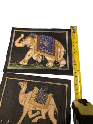 Винтажный народное искусство картина 2 Моголов стиль комплект слон верблюд Индии вручную - Изображение 1 из 4