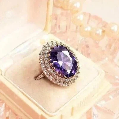 3CT Oval Cut VVS1 Lab-Created Diamond Amethyst Wedding Ring 14k Yellow Gold FN - Image 1 of 4