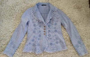 Giocam Women’s Large Denim Embroidered Jacket Boho Frayed Hem Blazer Cottagecore - Picture 1 of 10