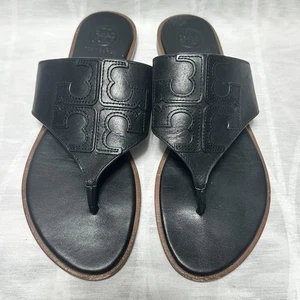 Tory Burch JAMIE Weston Embossed Logo Thong Sandals in Black US 6.5 - Picture 1 of 7