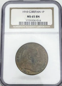 1910 Great Britain 1 Penny NGC MS65 BN Brown TOP POP Toned Toning See Video - Picture 1 of 2
