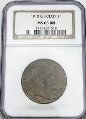 1910 Great Britain 1 Penny NGC MS65 BN Brown TOP POP Toned Toning See Video - Image 1 of 2