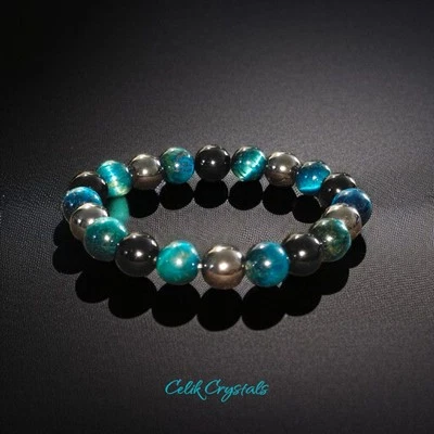 Lake Blue Tiger 眼睛三重保护手链 10 毫米天然宝石弹力 — 第 1/4 张图片