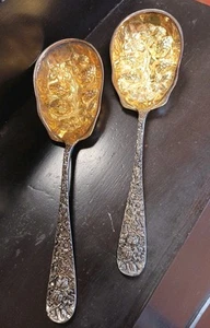2 VTG GODINGER OLD BOUQUET GOLD BOWL SILVERPLATED CASSEROLE SERVING BERRY SPOONS - Picture 1 of 9