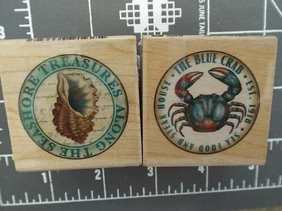 Sello Madera Goma 2p Sello Costa Cangrejo Concha Caracola Comida Caracola 1.75x1.75"  Foto 1 de 2