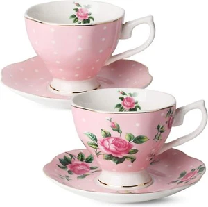 Btat Floral Tea Cups And Saucers Set Of 2 pink 8 Oz With Gold Trim And Gift Bo - Picture 1 of 3