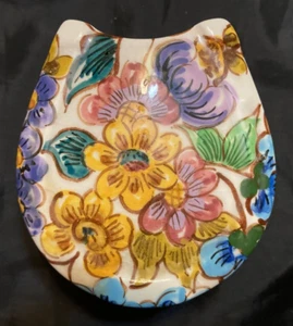 Flowered Ceramic Cat Head Trinket Box Hand Painted in Portugal Artist Signed EUC - Picture 1 of 5