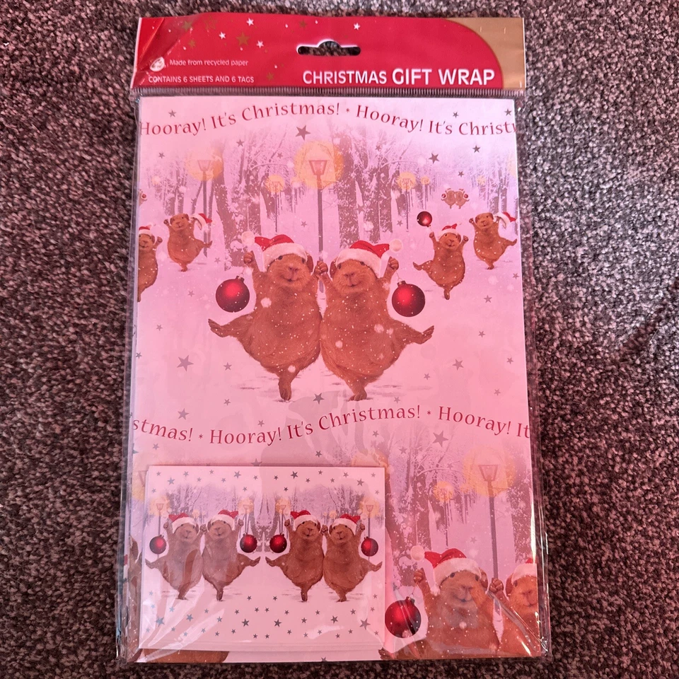 OTTER HOUSE Festive Frolics Gift Wrap 6 Sheets & 6 Tags Xmas Paper NEW Guinea Pig