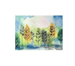 Tarjeta de coleccionista de arte firmada con árboles de otoño paisaje de Kenna pintura aceo de Kenna - Imagen 1 de 4