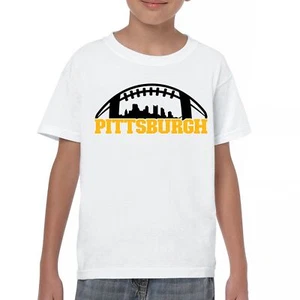 Pittsburgh Skyline Football Youth T-shirt Steel City Bleed Black and Gold Kids - Picture 1 of 50