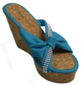 Sandali con zeppa in sughero turchese verde acqua donna scarpe da donna punta aperta misura 10 - Foto 1 di 5