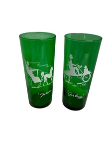 2 Vintage Anchor Hocking Forest Green Glasses The Hansom & the Gas Buggy EUC - Picture 1 of 5
